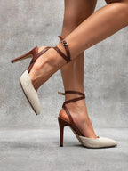 High Heel Canvas Slingback Pumps – Buckle Strap & Pointed Toe - Piña Colada