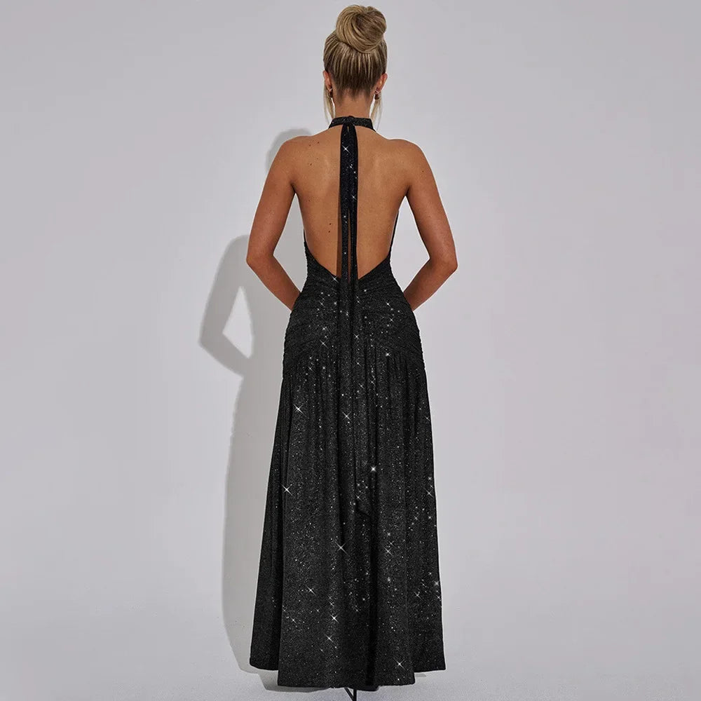 Halter Backless Silk V-neck Dress - Piña Colada
