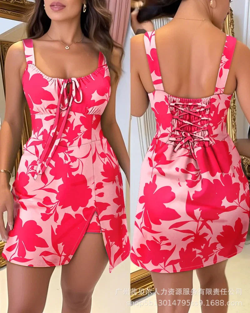 Women Print Sleeveless Casual Lace Up - Piña Colada