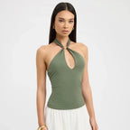 Women'S Solid Color Hanging Neck Tie Hollow Out Metal Ring Strapless - Piña Colada