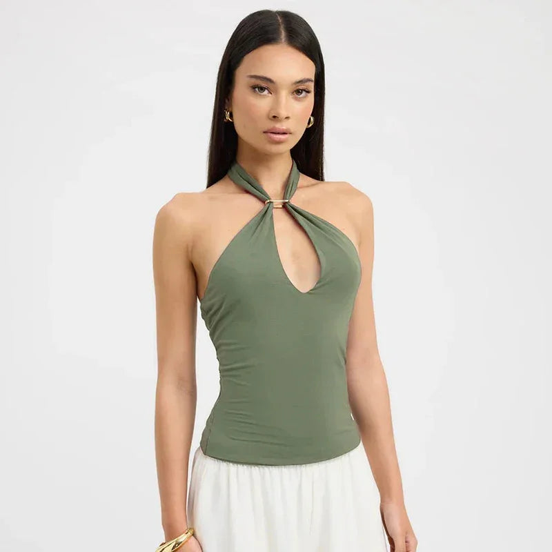 Women'S Solid Color Hanging Neck Tie Hollow Out Metal Ring Strapless - Piña Colada