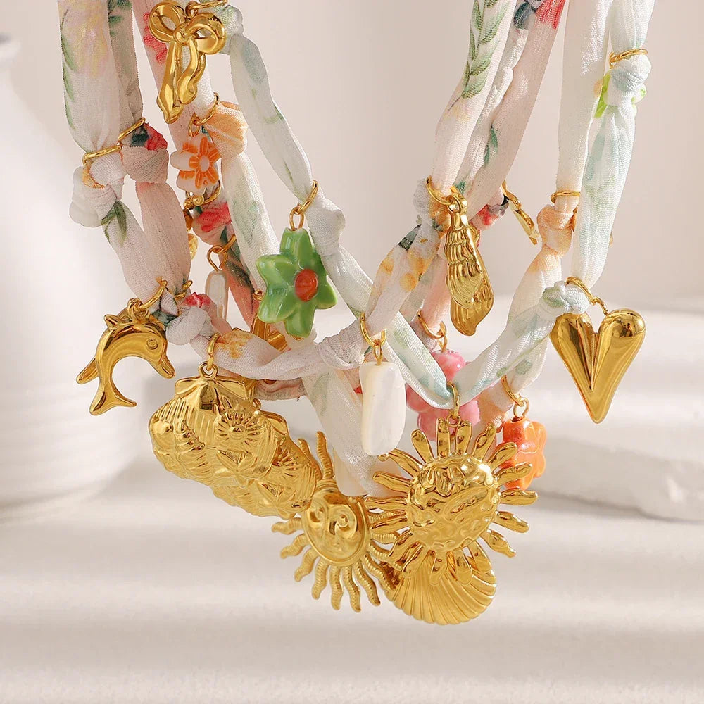 Ribbon Flower Starfish Necklace - Piña Colada