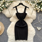 Abebey Sexy Slim Knit Mini Dress – Square Neck Spaghetti Strap - Piña Colada