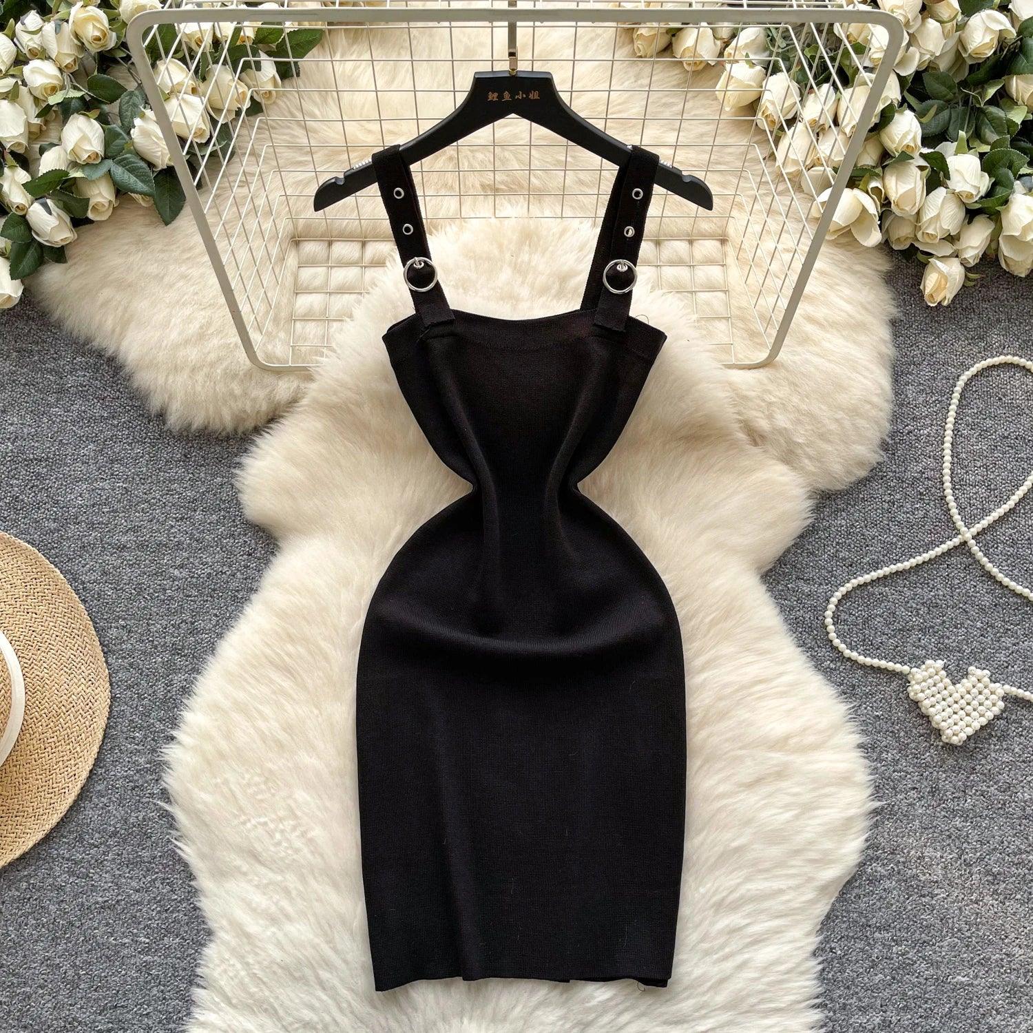 Abebey Sexy Slim Knit Mini Dress – Square Neck Spaghetti Strap - Piña Colada