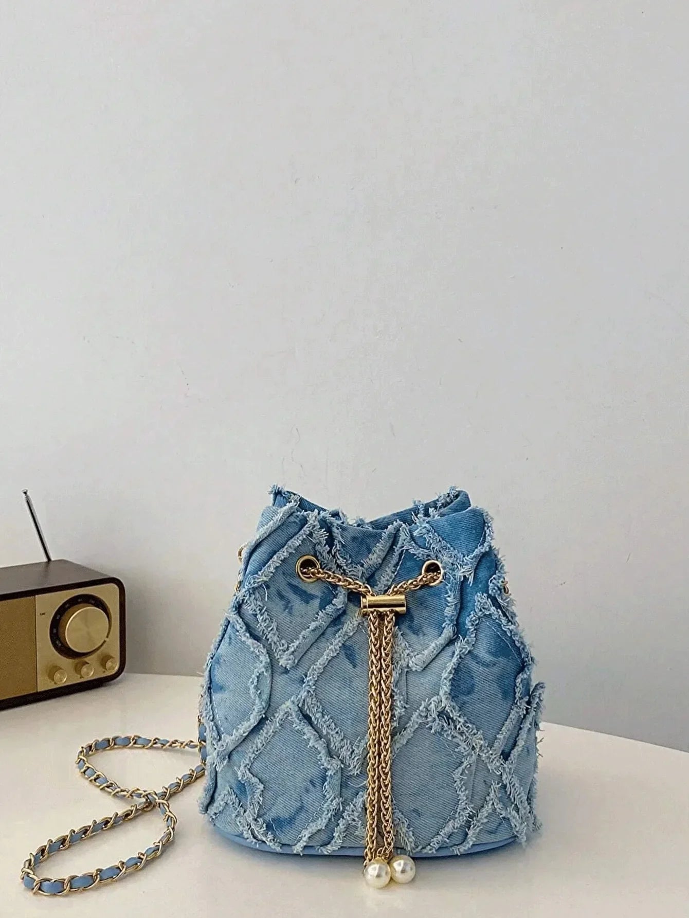 Vintage Denim Bucket Bag Retro Style - Piña Colada