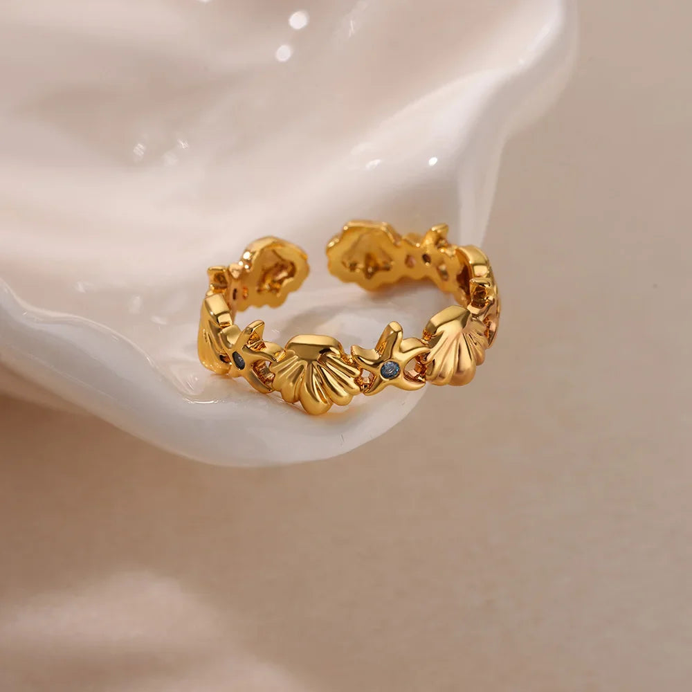 Gold Ocean Starfish & Shell Open Ring - Piña Colada