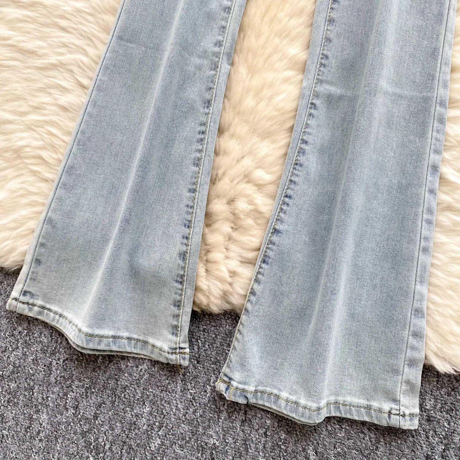 High-Waisted Flared Denim Pants with Faux Zippers – Streetwear Style - Piña Colada