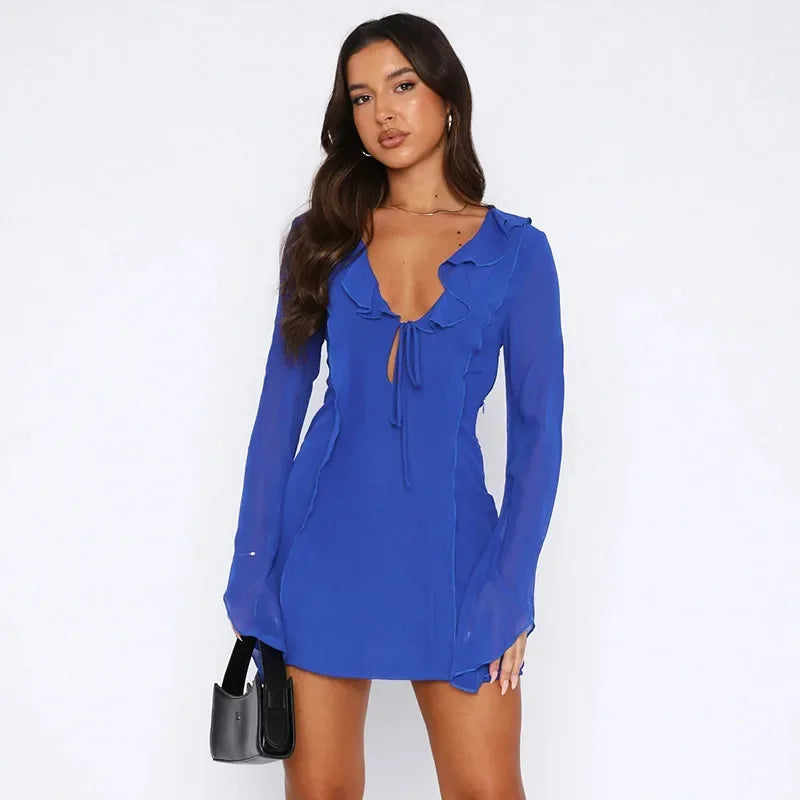 Slim Mini Dresses V-neck Ruffles - Piña Colada