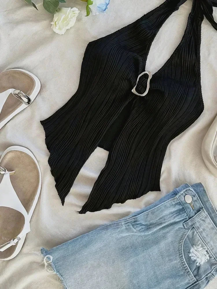 Sexy V-neck Halter Neck Crop Top - Piña Colada