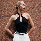 Women'S Solid Color Hanging Neck Tie Hollow Out Metal Ring Strapless - Piña Colada