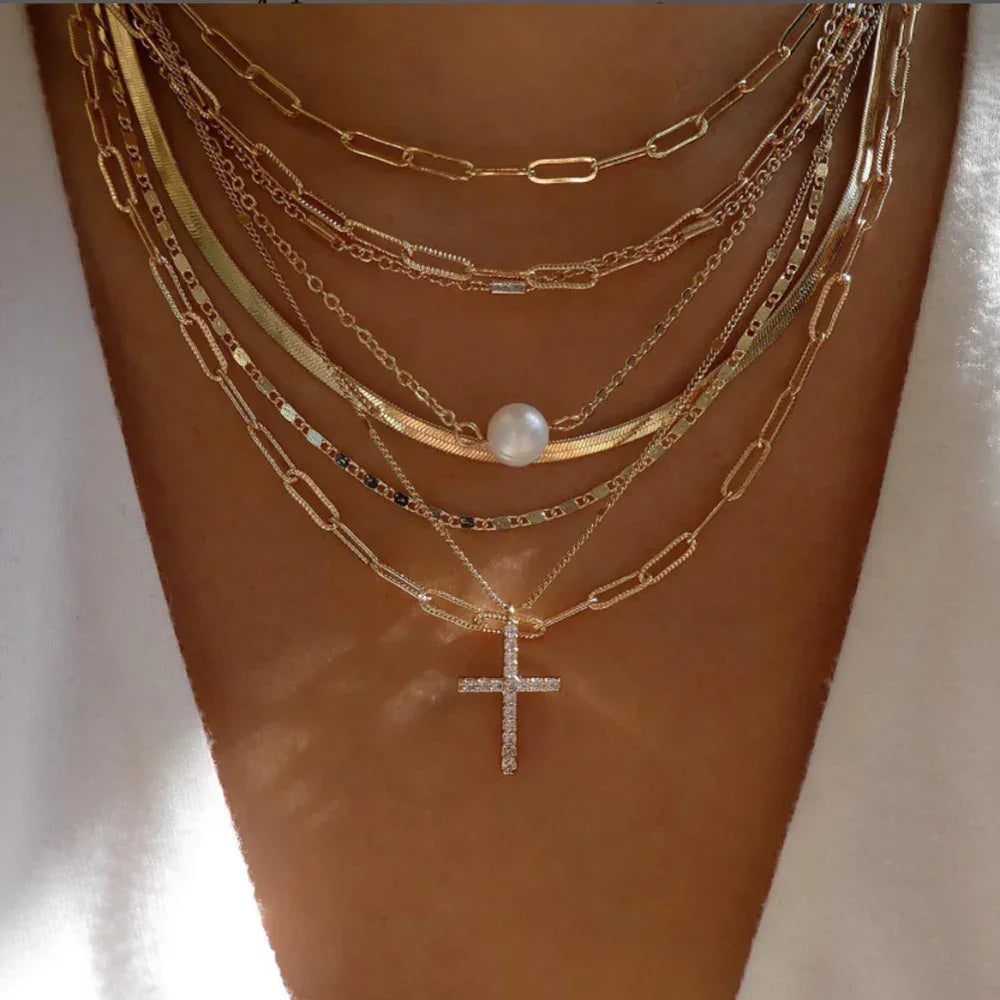 Boho Multi-Layer Gold Crystal Pendant Necklace Set - Piña Colada