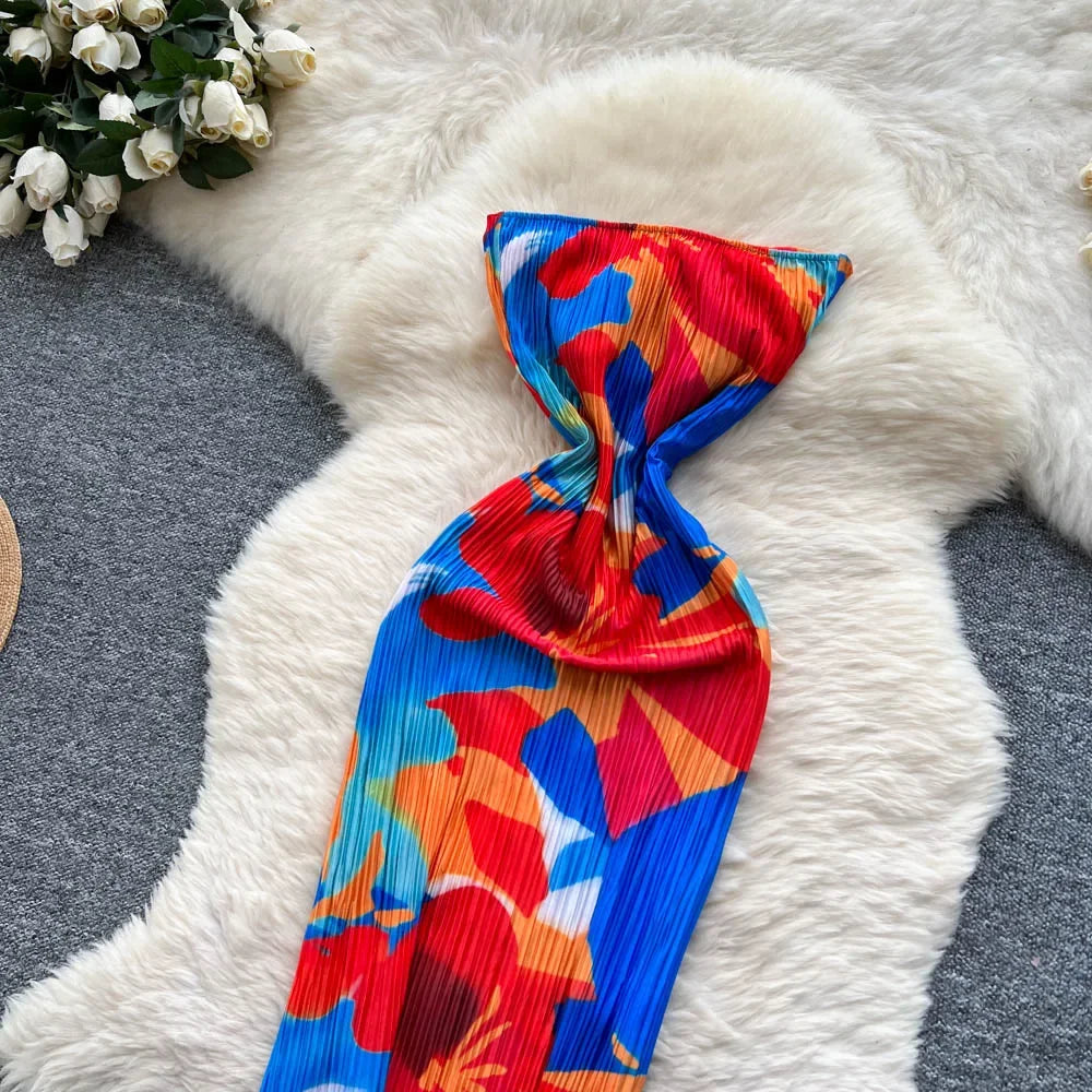 Strapless Print Maxi Dress – Slim Fit with Bow Detail - Piña Colada