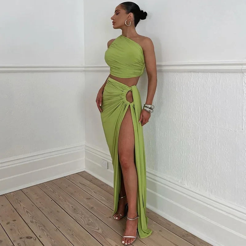 One-Shoulder Hollow Out Ankle-Length Bodycon Dress - Piña Colada