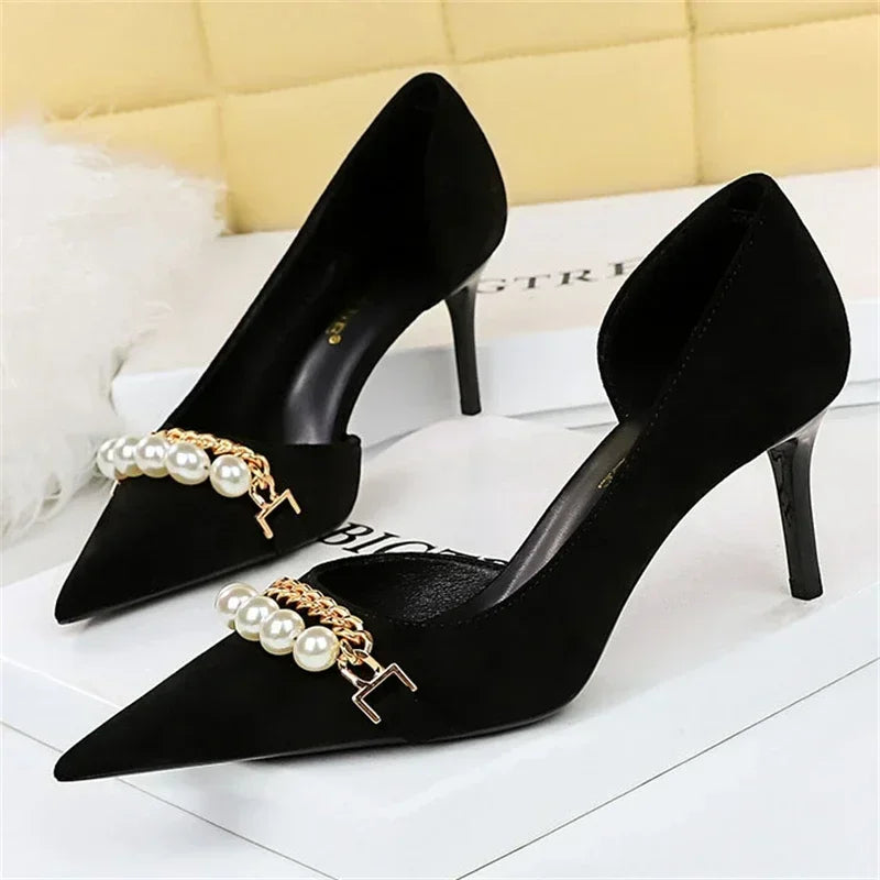 Pointed Toe Pearl Metal Chain Side Chain Pumps - Piña Colada