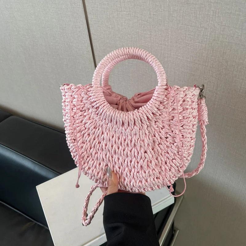 Boho Rattan Half-Moon Crossbody Bag – Handwoven Summer Straw Shoulder Purse - Piña Colada