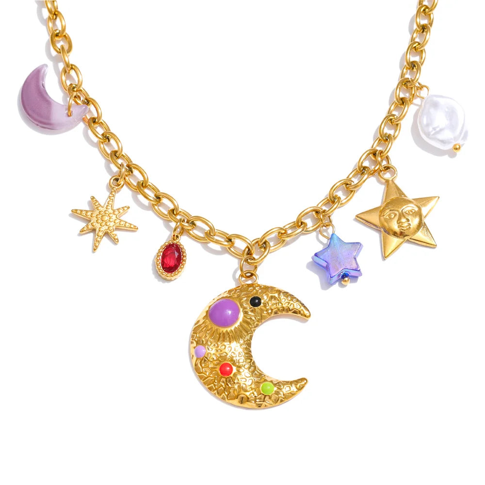 Gold Moon Pearl Pendant Necklace