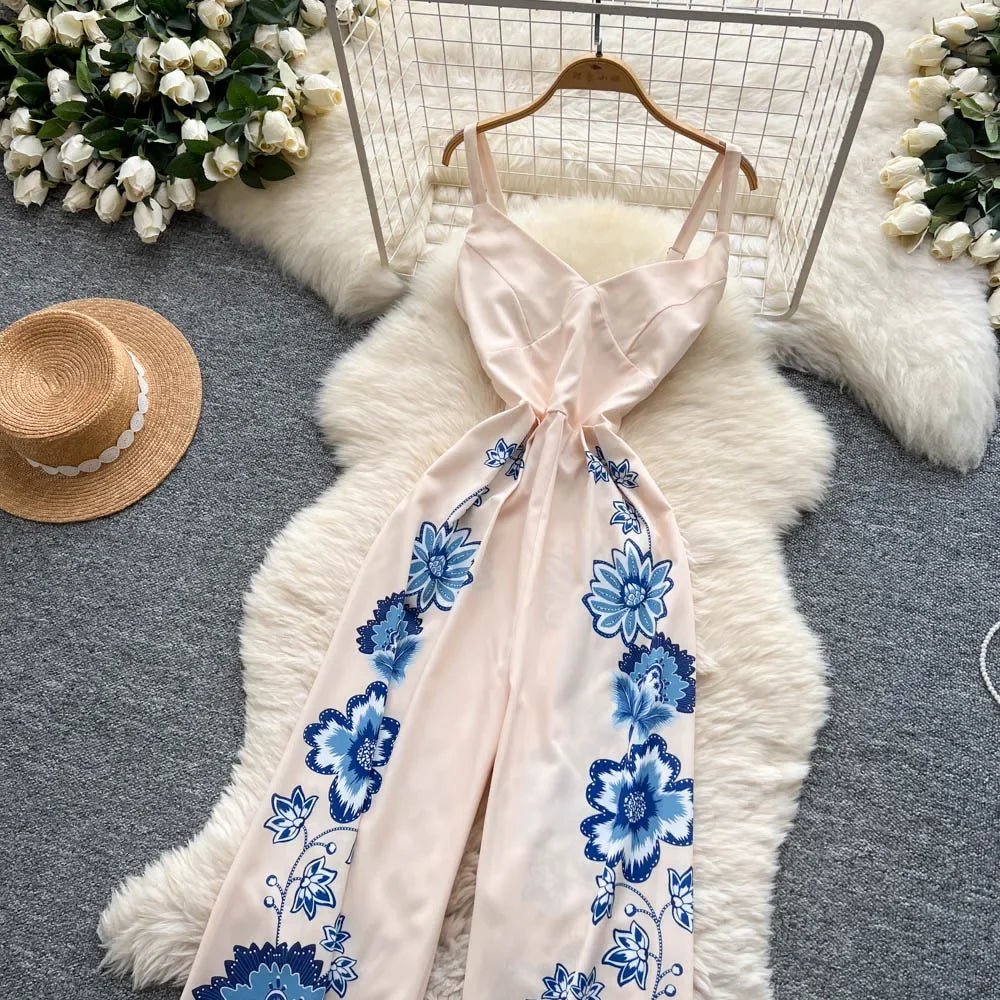 Vintage Printed Jumpsuit for Women – Full-Length Summer Romper with Mid Waist - Piña Colada