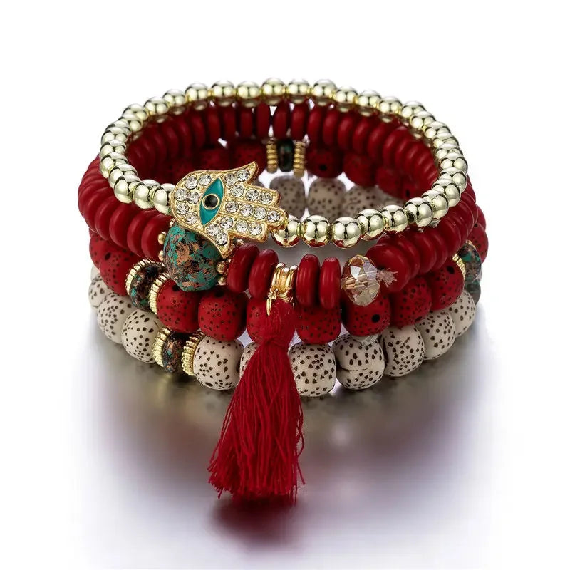 Bohemian Evil Eye Tassel Bracelet Set - Piña Colada