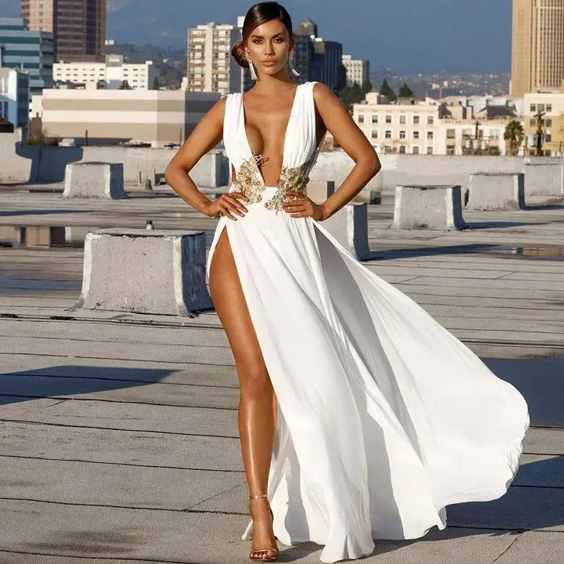 Elegant V-Neck Embroidered Maxi Dress - Piña Colada