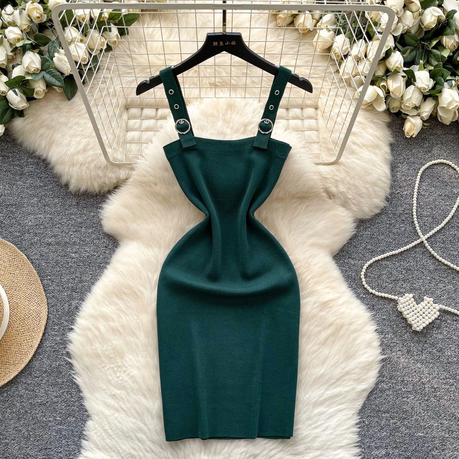 Abebey Sexy Slim Knit Mini Dress – Square Neck Spaghetti Strap - Piña Colada