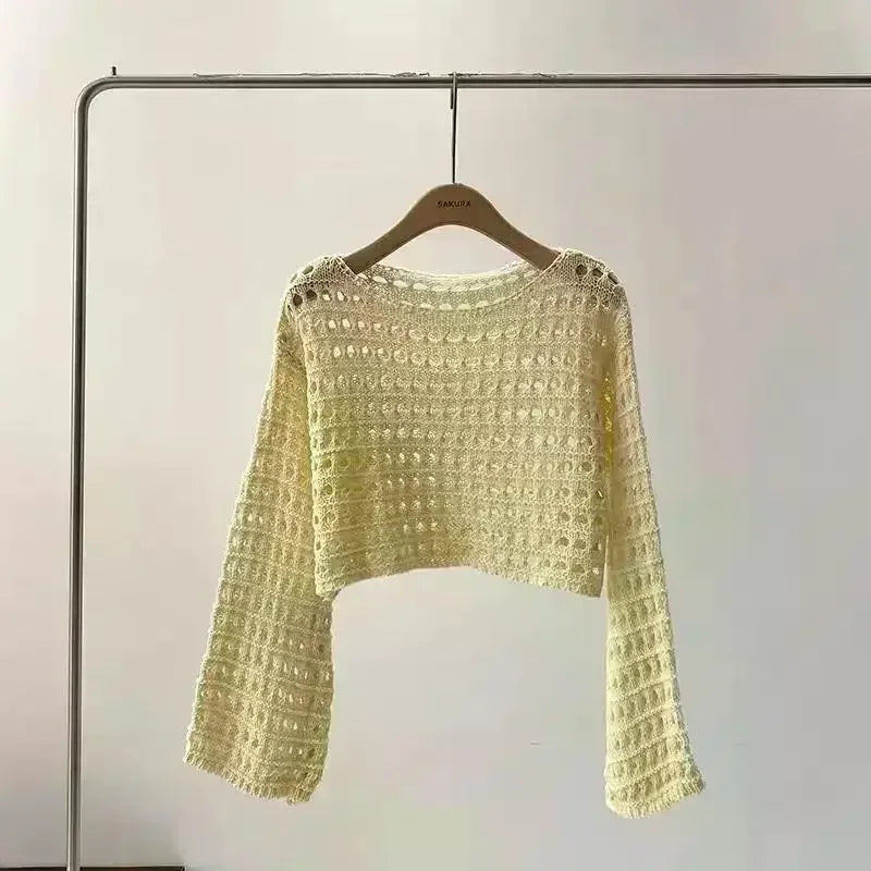 Boho Crochet Hollow-Out Knit Top – Y2K Style Long Sleeve Pullover - Piña Colada