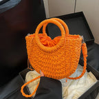 Boho Rattan Half-Moon Crossbody Bag – Handwoven Summer Straw Shoulder Purse - Piña Colada