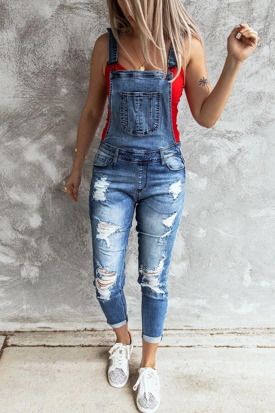 Denim Overalls Ripped Jeans - Piña Colada