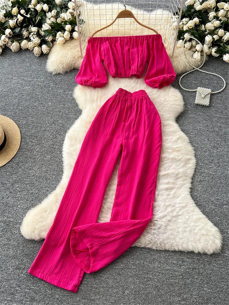 Sweet Slash Neck Lounge Set – Loose Fit Top & Wide-Leg Pants - Piña Colada
