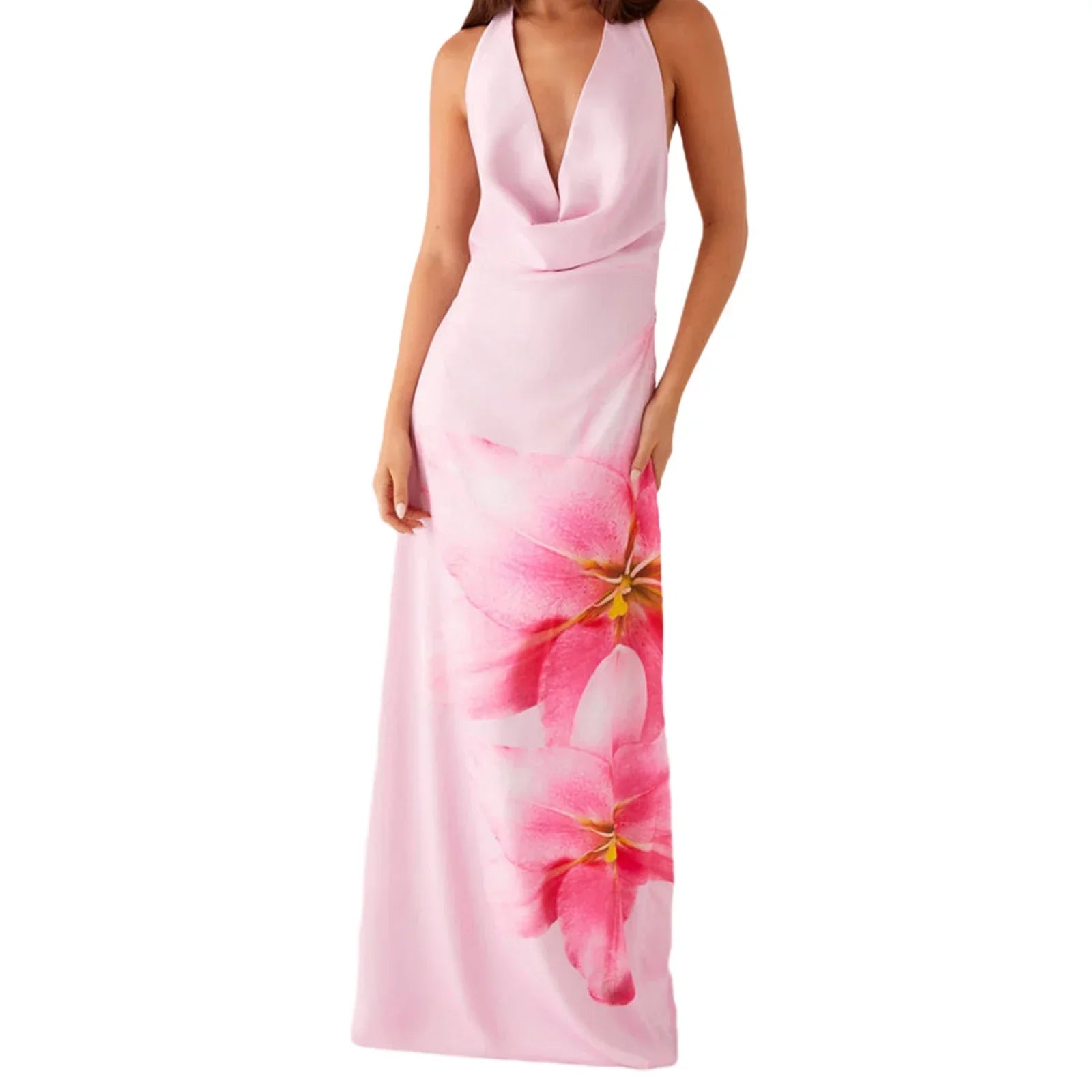 Pink Floral Halterneck Velvet Long Dress – Cocktail & Summer Party Style - Piña Colada