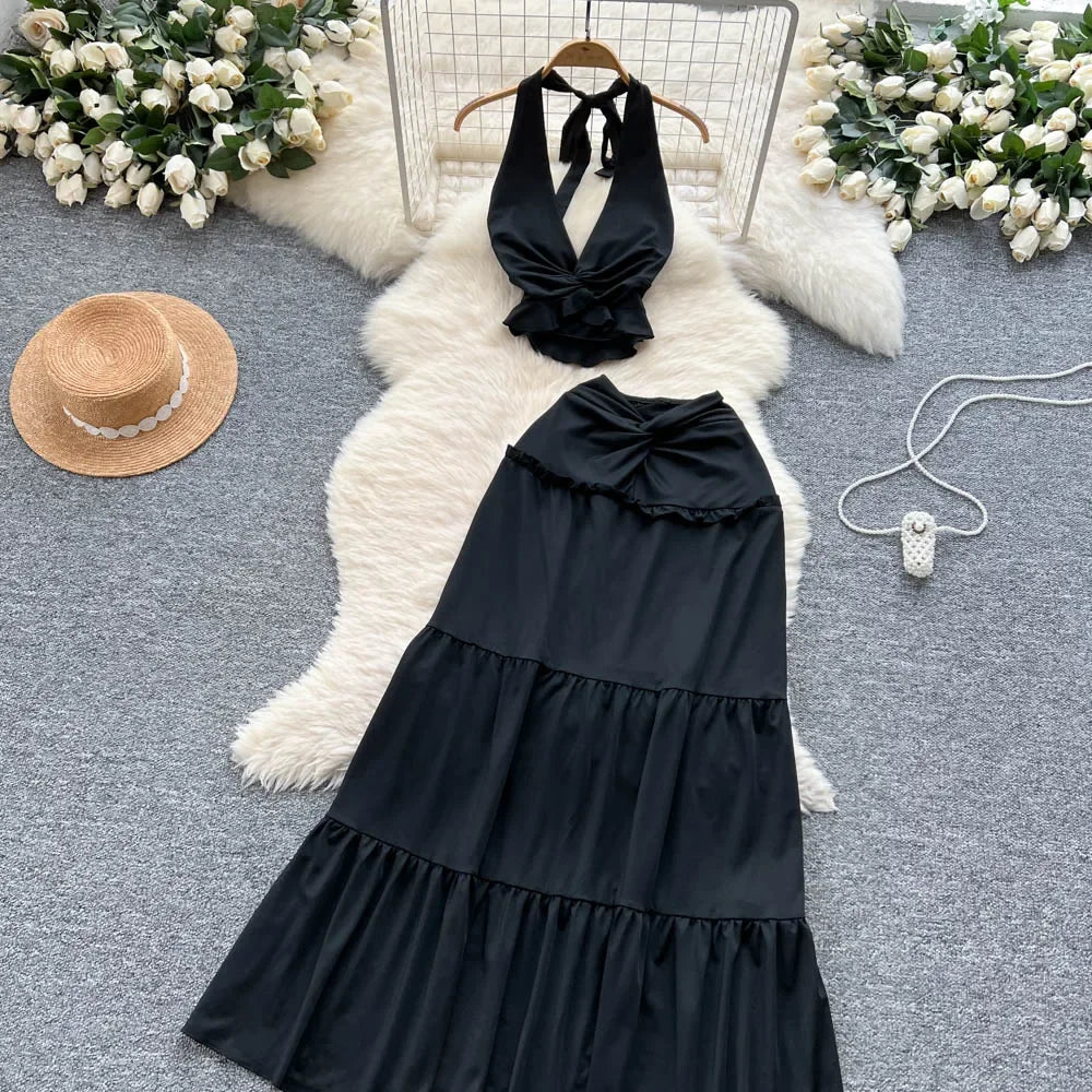 Ruffled Halter Top & Long Skirt Set - Piña Colada