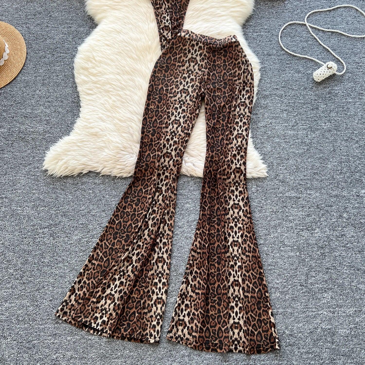 Leopard 2pcs Suits Women Tops+Elastic Waist Flared Pants - Piña Colada