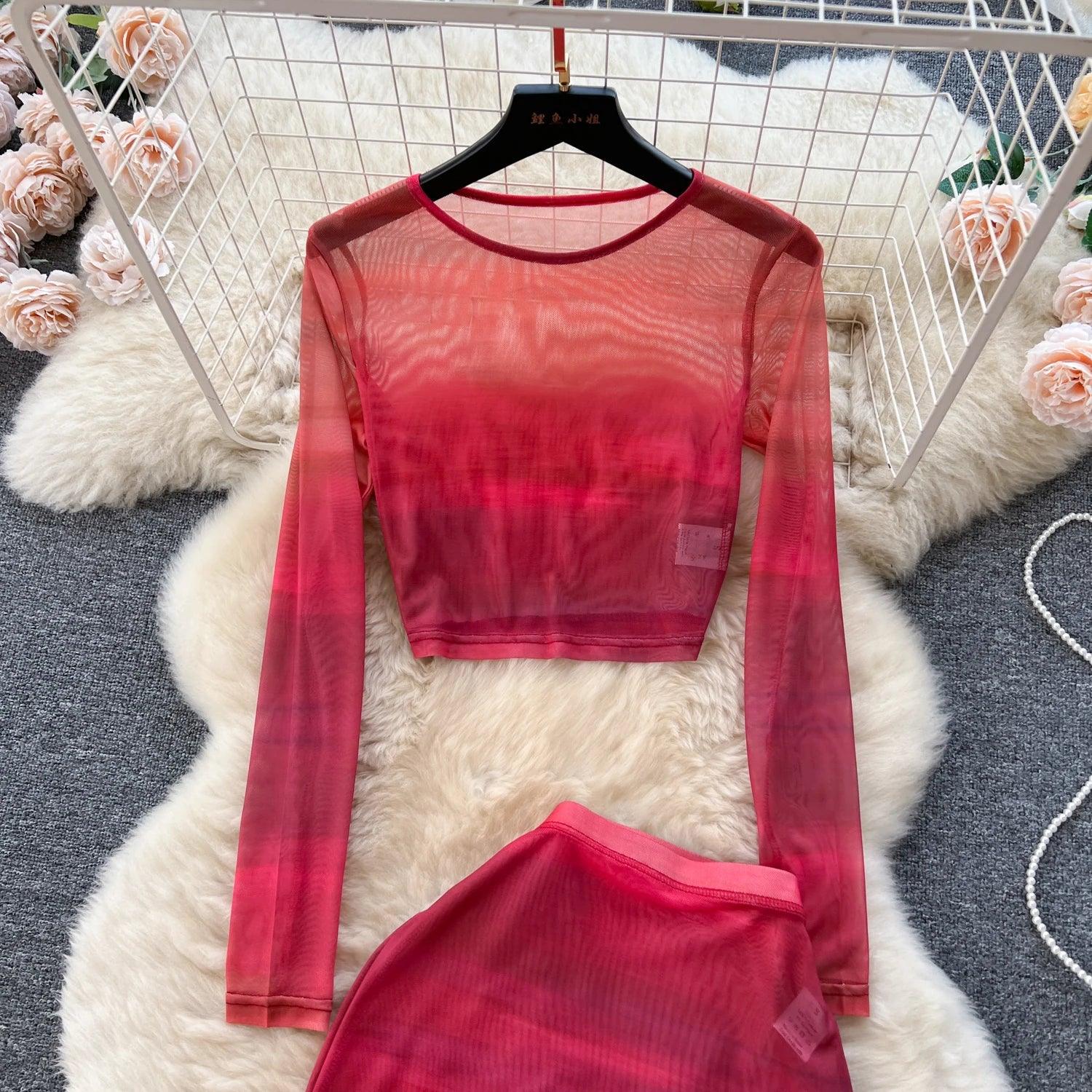 Two Piece Suits O Neck Midi Blouse+High Waist Colorful Bodycon - Piña Colada