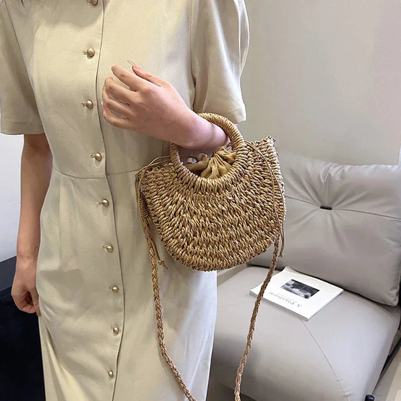 Straw Rattan Half-Moon Beach Handbag - Piña Colada