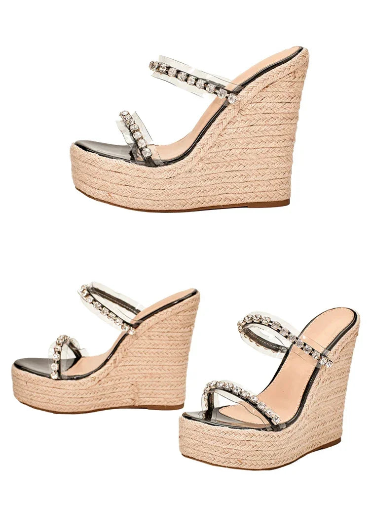 Crystal Wedge Slide Sandals – Elegant PU Platform Mules - Piña Colada