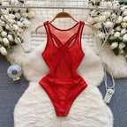 Mesh Hollow Out Long Sleeve Bodysuit - Piña Colada