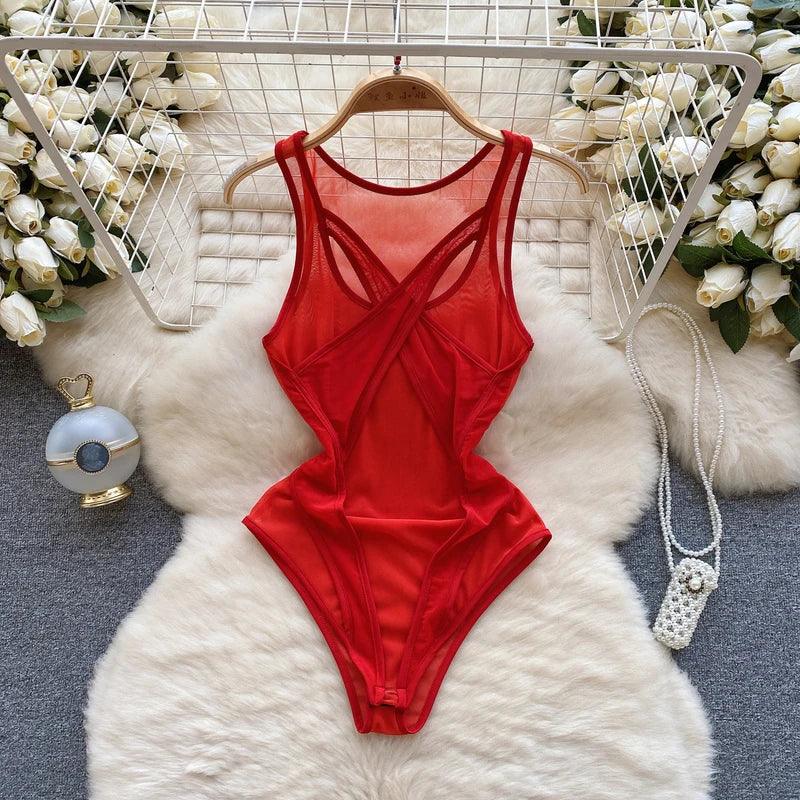 Mesh Hollow Out Long Sleeve Bodysuit - Piña Colada