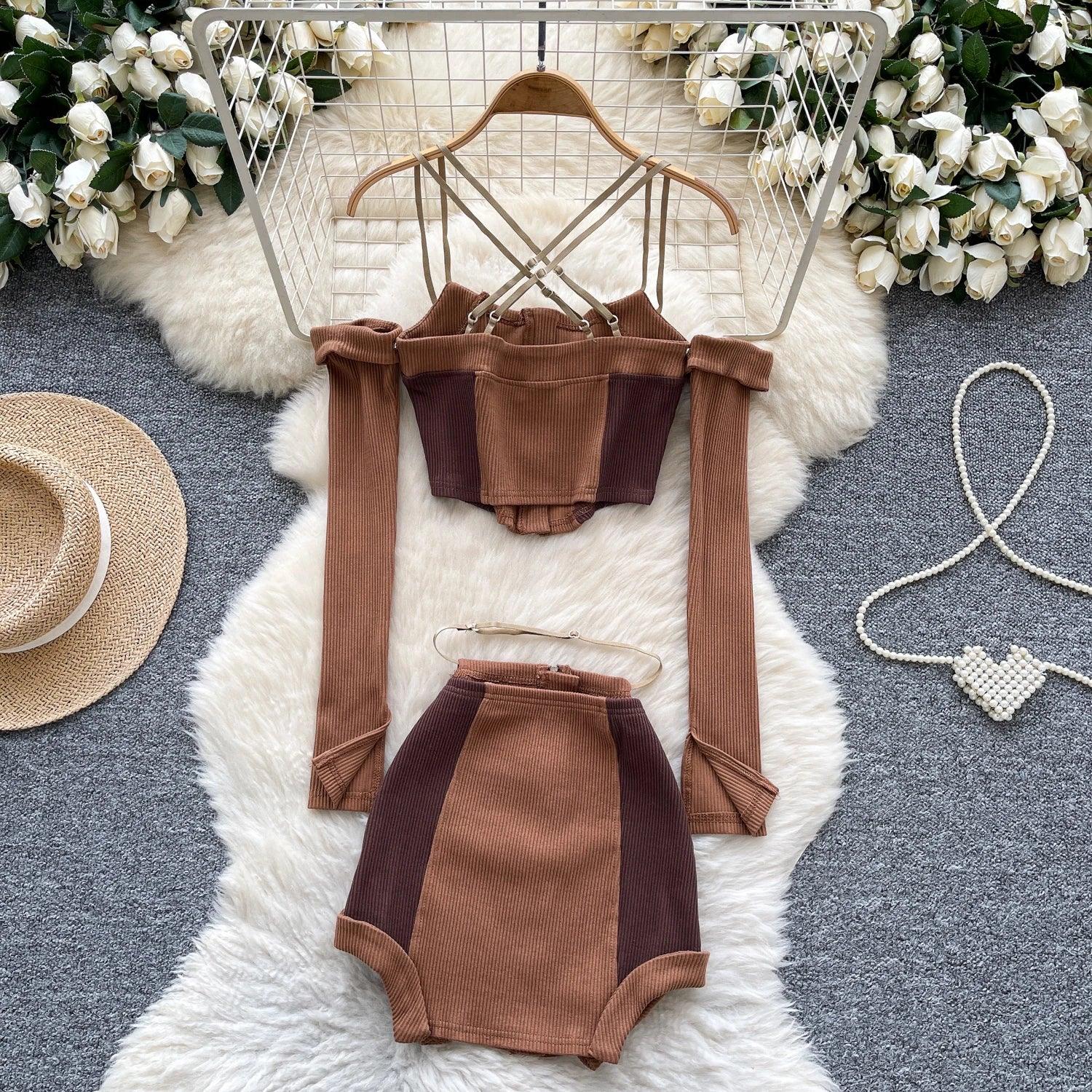 Two Piece Suits Off The Shoulder Zipper Crop Top - Piña Colada