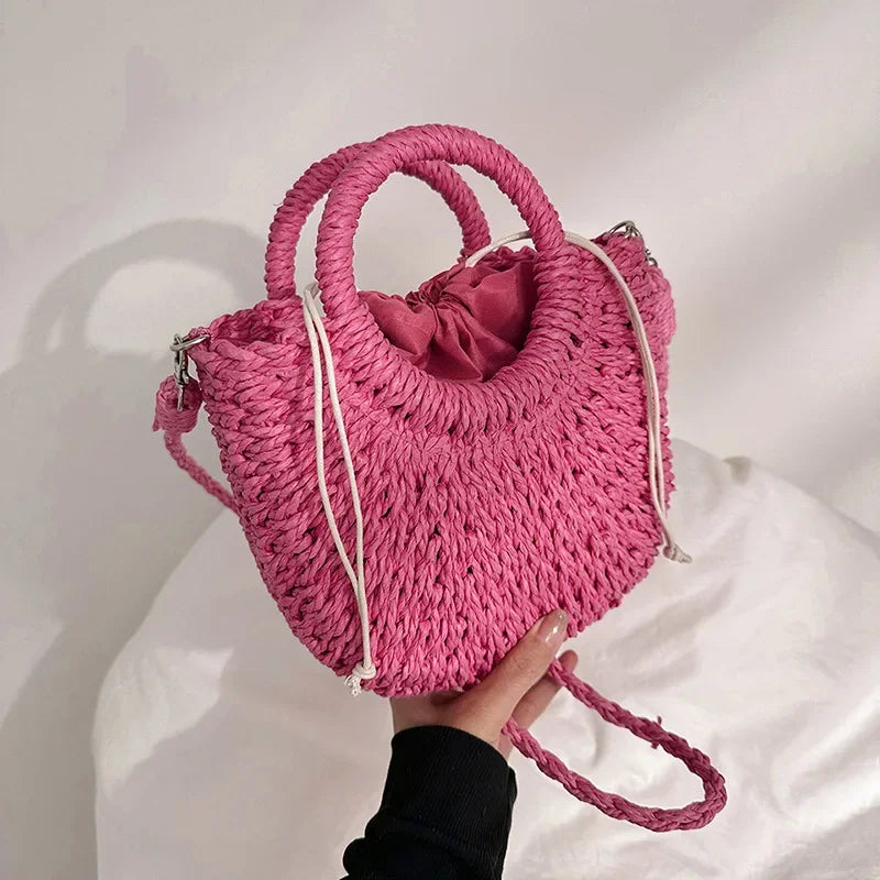 Straw Rattan Half-Moon Beach Handbag - Piña Colada