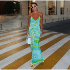 Chic Print Sling Long Dress Women Sleevless Backless - Piña Colada