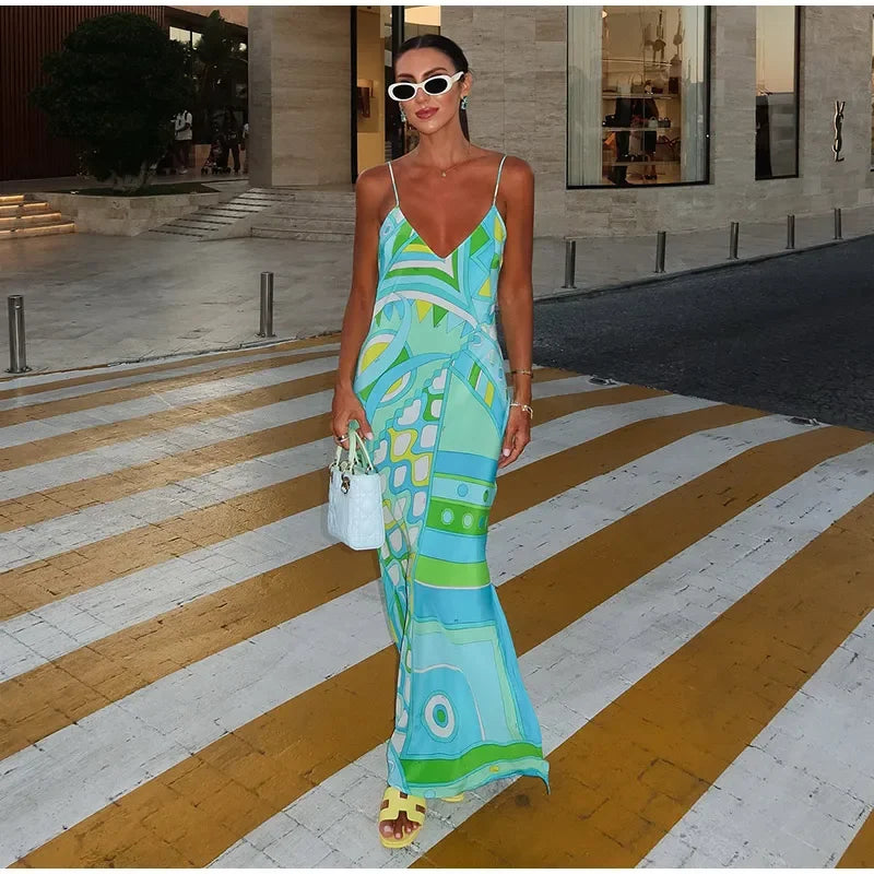 Chic Print Sling Long Dress Women Sleevless Backless - Piña Colada