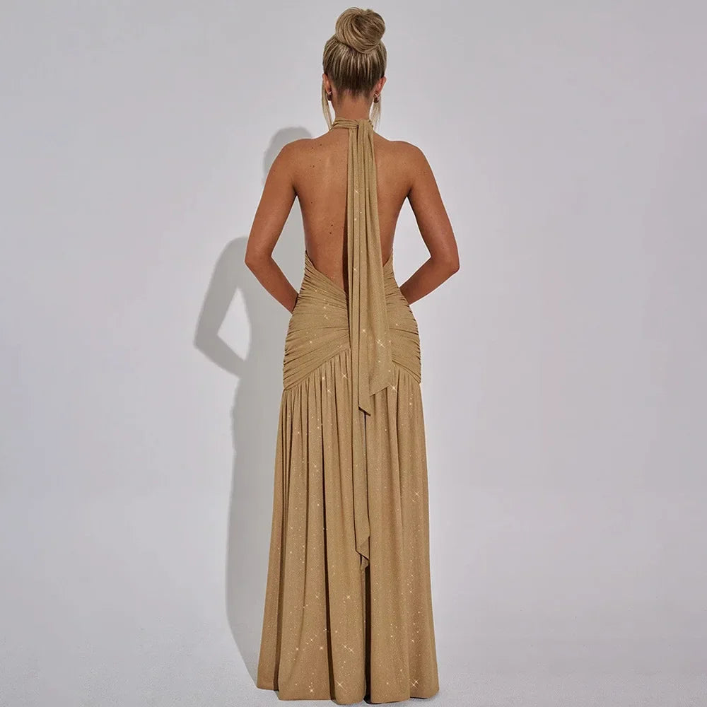 Halter Backless Silk V-neck Dress - Piña Colada