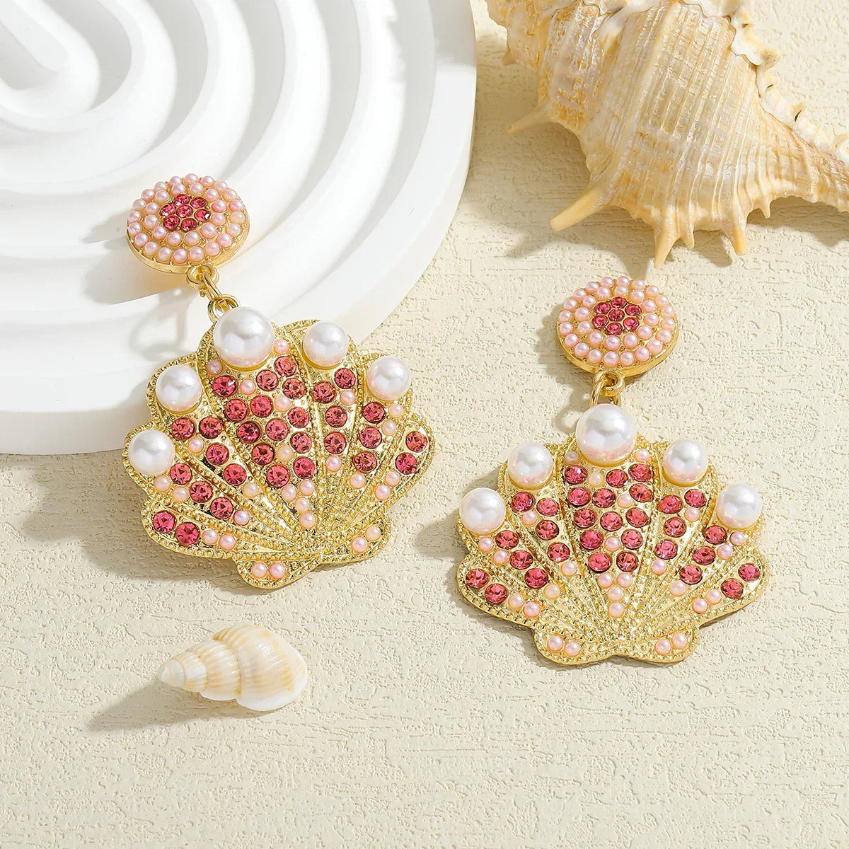 Bling Faux Pearl Shell Drop Earrings - Piña Colada