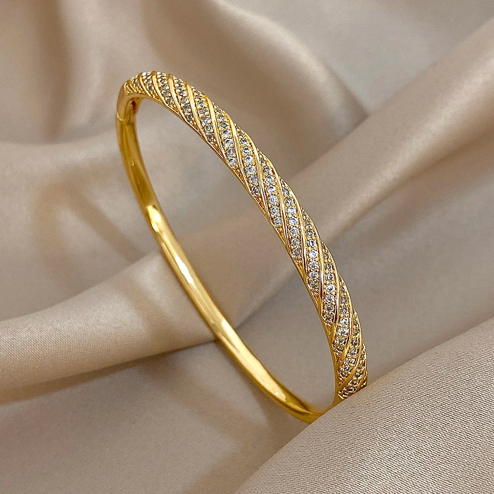 Gold Zircon Twisted Bangle Bracelet
