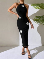 Flower Knitted Black Long Dress