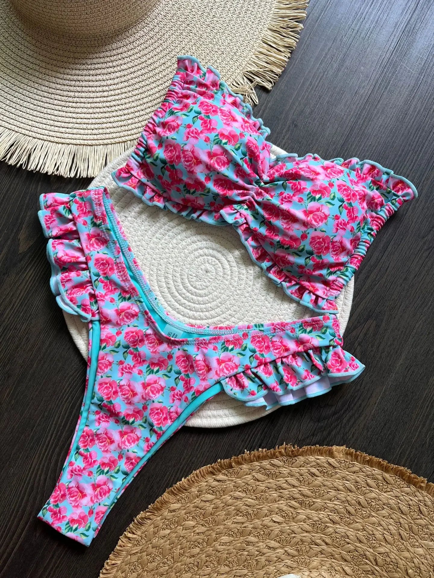 Flowers Printed Ruffled Swimsuit - Piña Colada