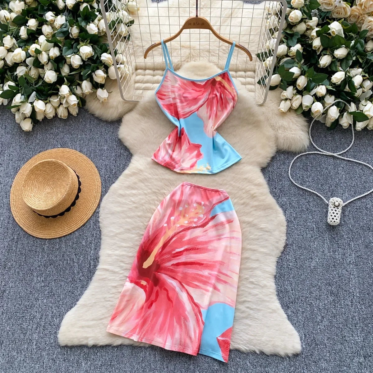 Slim Fit Halter Print Vest Top + High Waist - Piña Colada