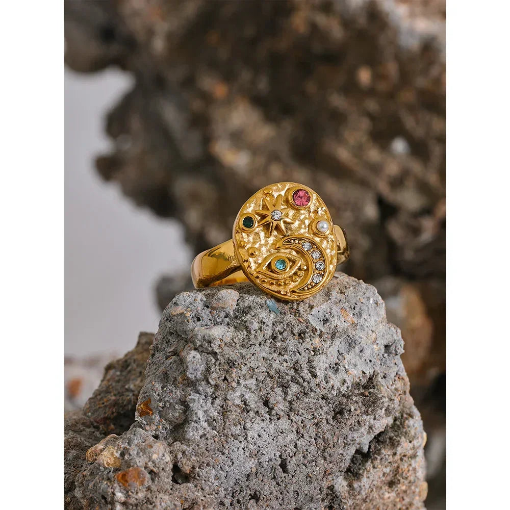 Stainless Steel Star Moon Eye Charms Ring - Piña Colada
