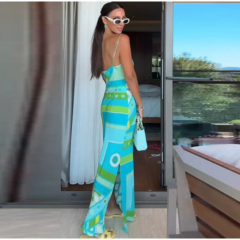 Chic Print Sling Long Dress Women Sleevless Backless - Piña Colada