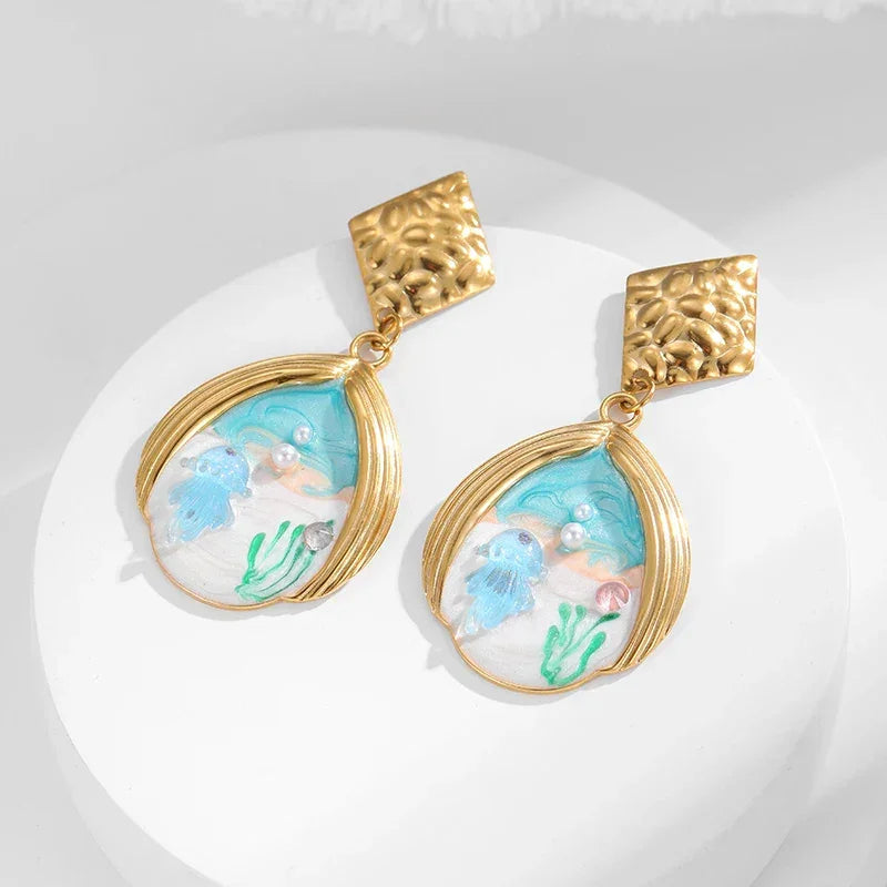 Blue Shell Earrings - Piña Colada