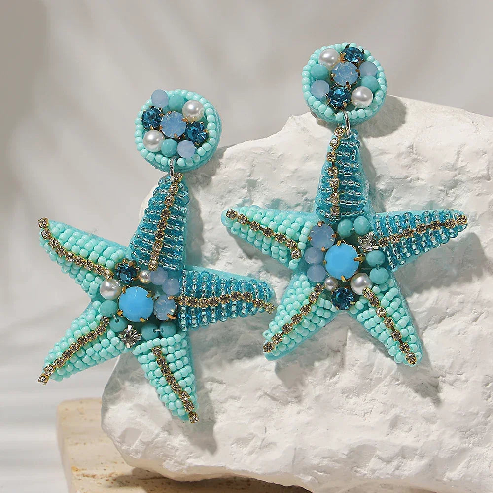Handmade Beaded Blue Starfish Drop Earrings - Piña Colada